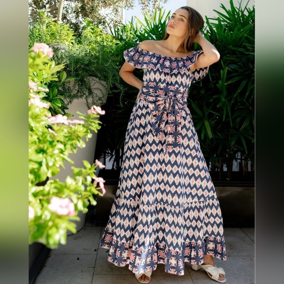 Sue Sartor Marais Maxi Dress 100% Cotton - Bubble Navy Ikat sz S - Picture 1 of 7